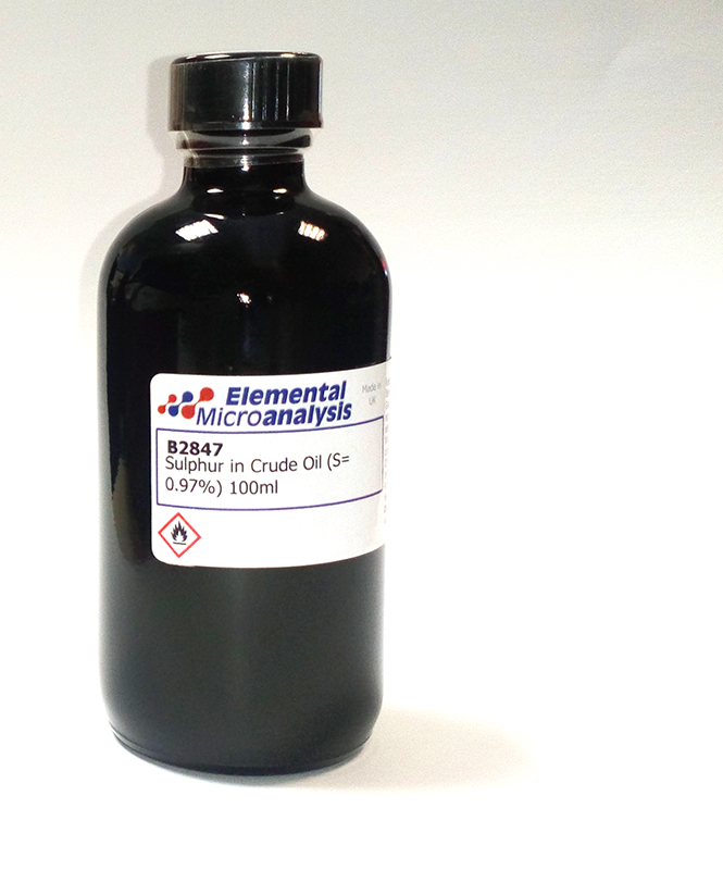 Sulphur in Crude Oil (S= 0.98%) 100ml                                                       See Cert 241010

Flamm. Liquid
UN1267 Class 3
